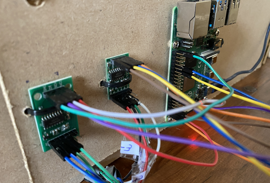 Two HX711 amplifier modules connected to the Raspberry Pi
