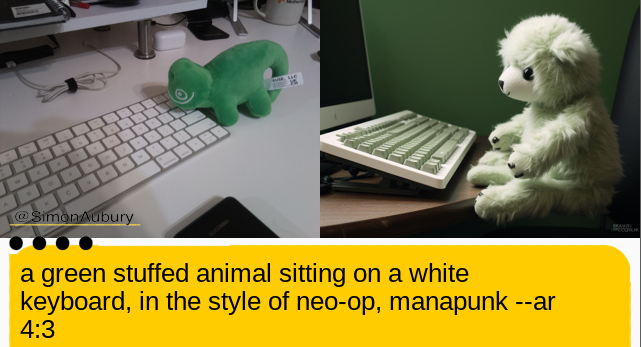 A green stuffed animal and white keyboard